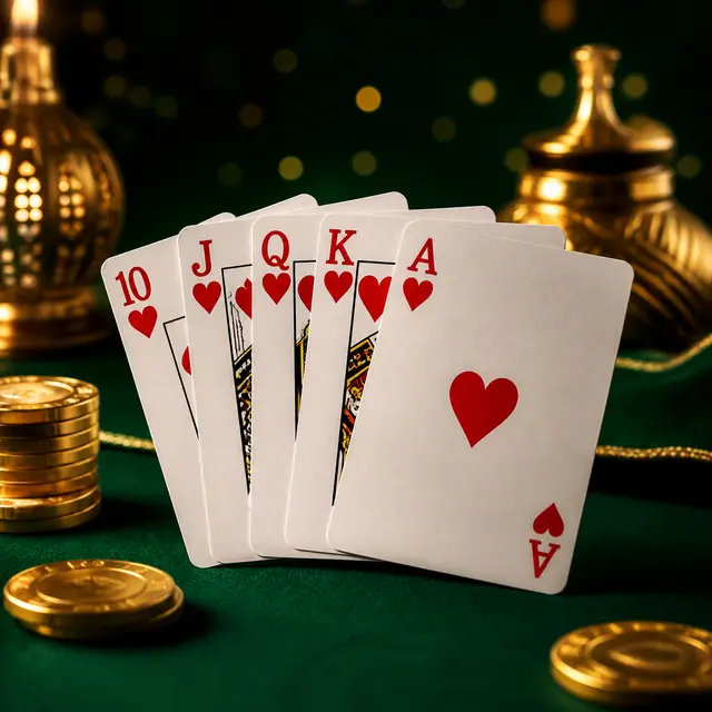 Playing cards on a green rummy table